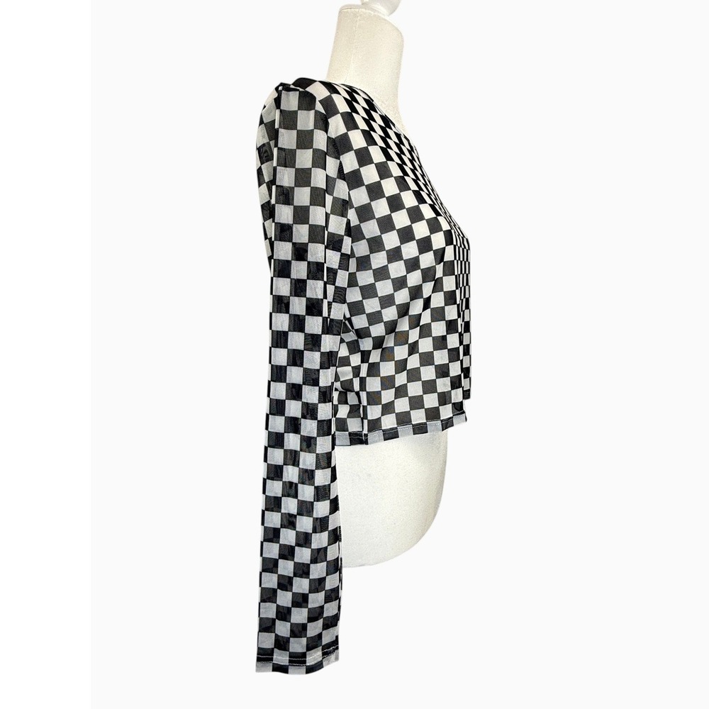 Women's L Black White Checkerboard Sheer Mesh Long Sleeve Crop Top Y2K - Picture 2 of 5